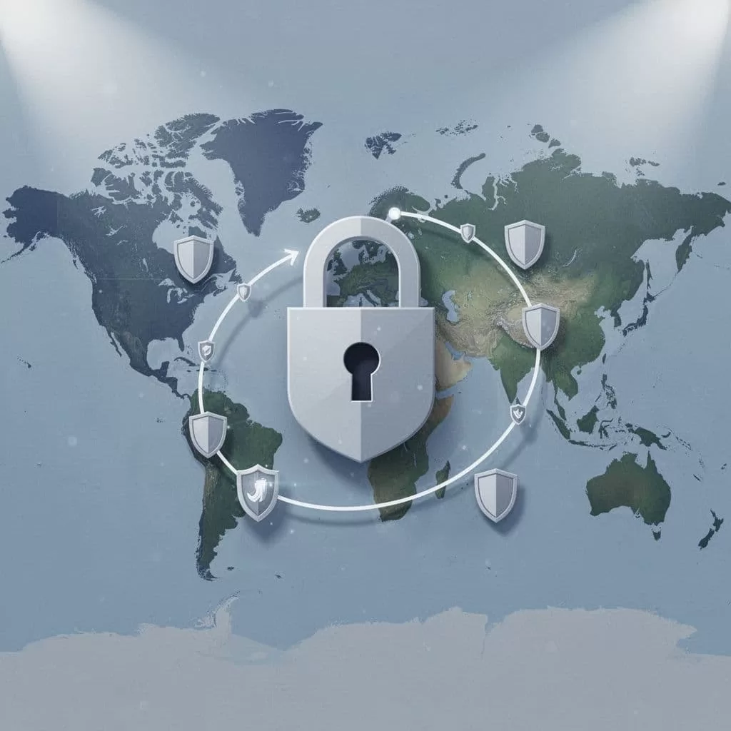 Secure lock icon over world map highlights US to Pakistan route with surrounding shield symbols on simple background.