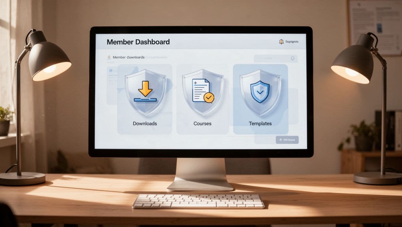 Computer screen in cozy office shows membership dashboard with downloads, courses, and templates icons behind a shield.
