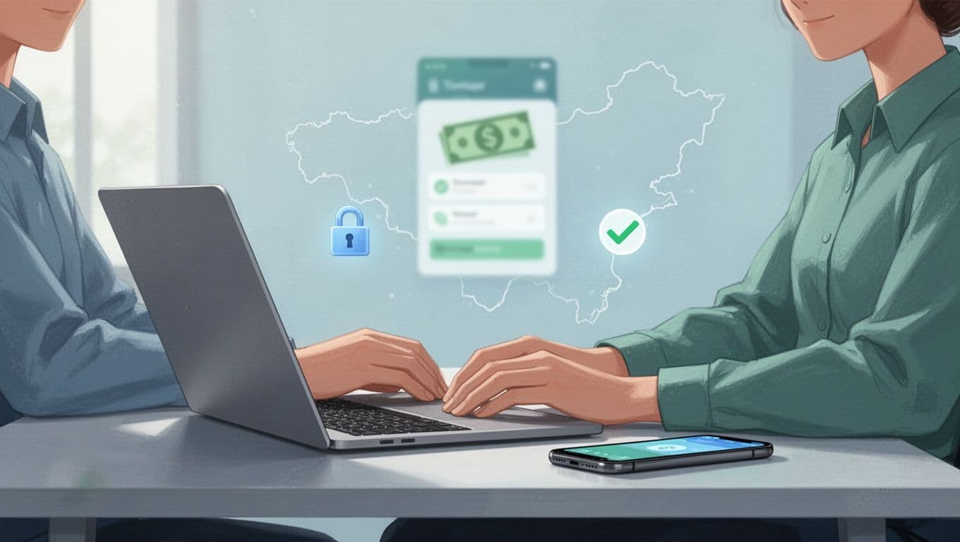 Person at desk with laptop and phone showing money transfer interface, secure padlock and checkmark icons floating nearby, faint Nigerian map outline.