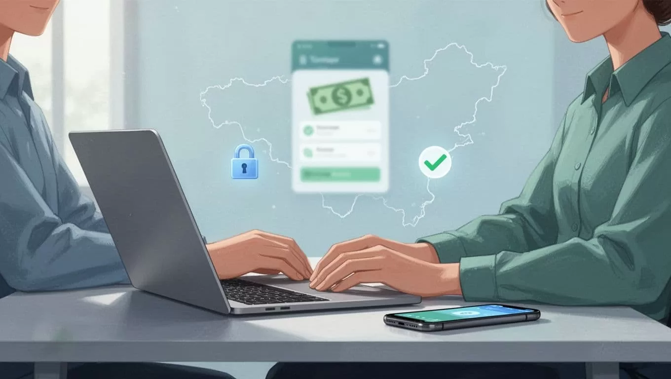 Person at desk with laptop and phone showing money transfer interface, secure padlock and checkmark icons floating nearby, faint Nigerian map outline.