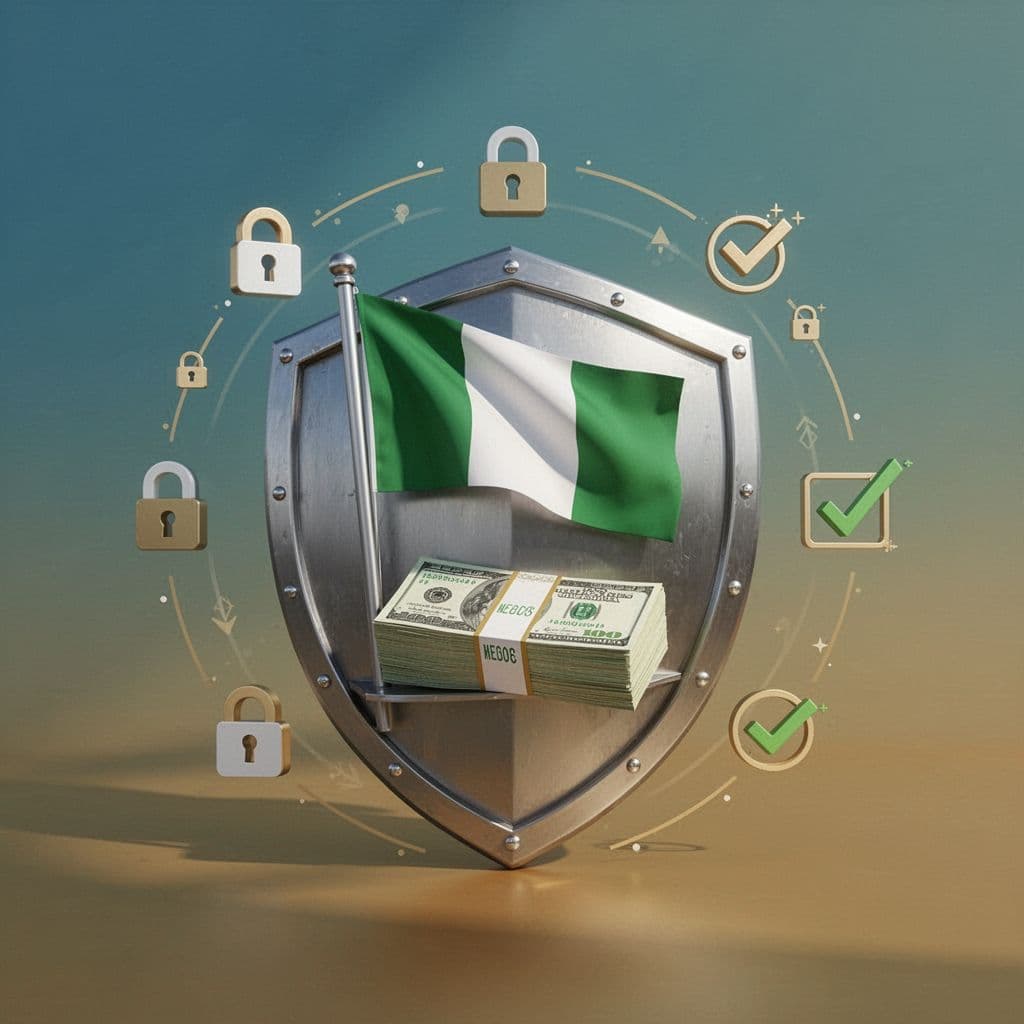 Shield guards Nigerian flag and naira notes surrounded by lock and check symbols.
