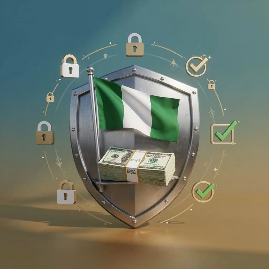Shield guards Nigerian flag and naira notes surrounded by lock and check symbols.