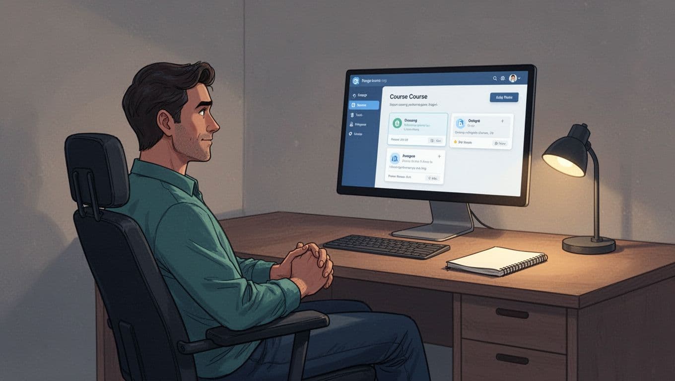 Person leans back in chair, hands folded, viewing online course dashboard with protected modules and progress on desktop monitor in quiet study room with notebook and lamp.