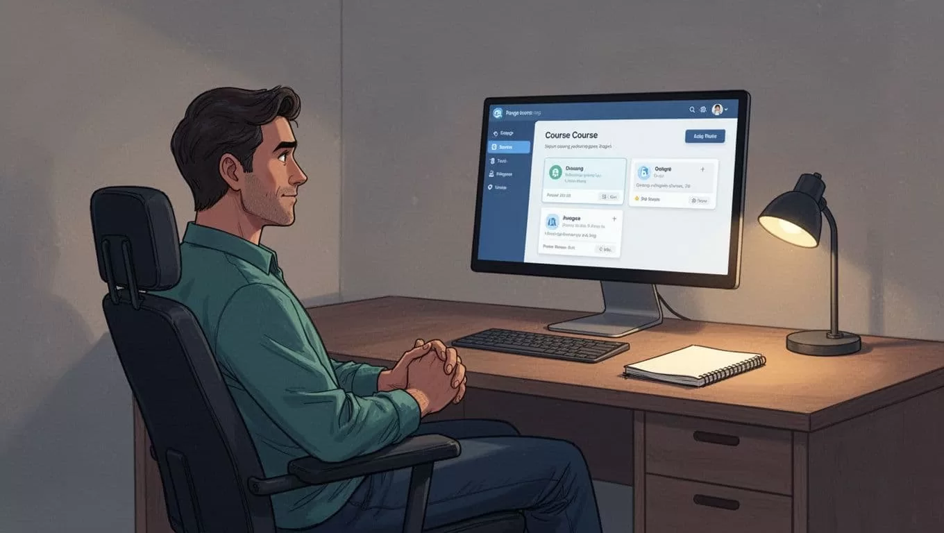 Person leans back in chair, hands folded, viewing online course dashboard with protected modules and progress on desktop monitor in quiet study room with notebook and lamp.