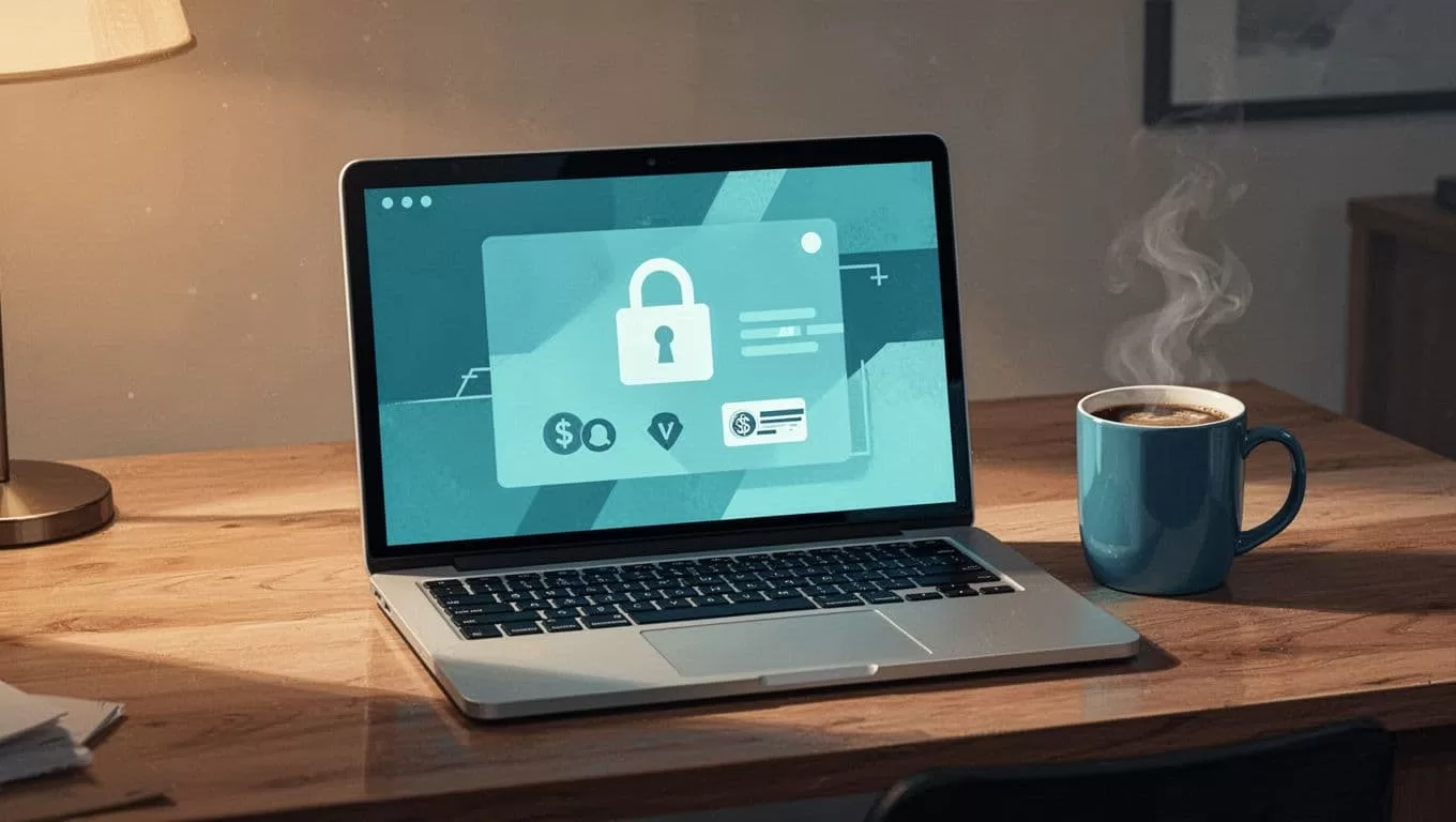 Laptop screen shows secure payment checkout with padlock and Stripe icons in cozy workspace next to coffee mug.