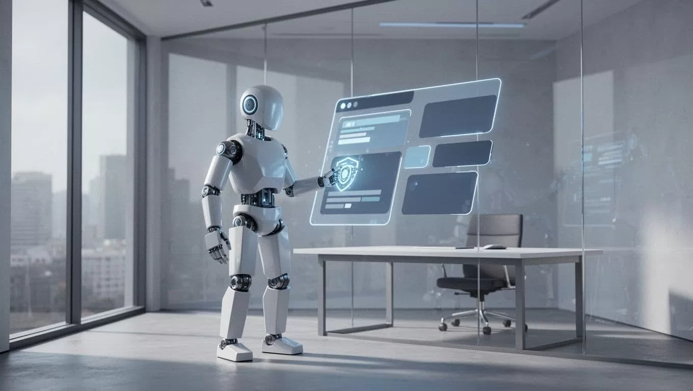 A minimalist workspace features a sleek abstract entity managing glowing data nodes. Geometric shapes in shades of soft blue and gray create a professional, highly secure digital environment for terminal operations.