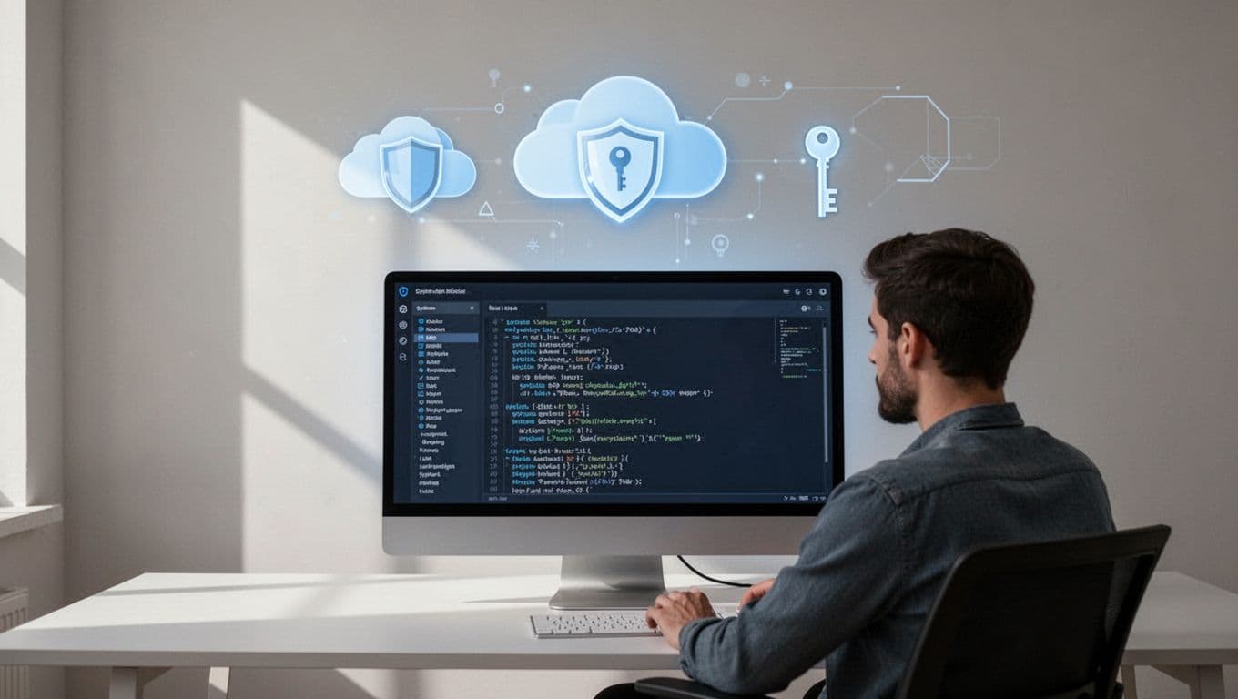 Illustration shows developer reviewing logs on agent dashboard with locked cloud icons, security shields, and keys.