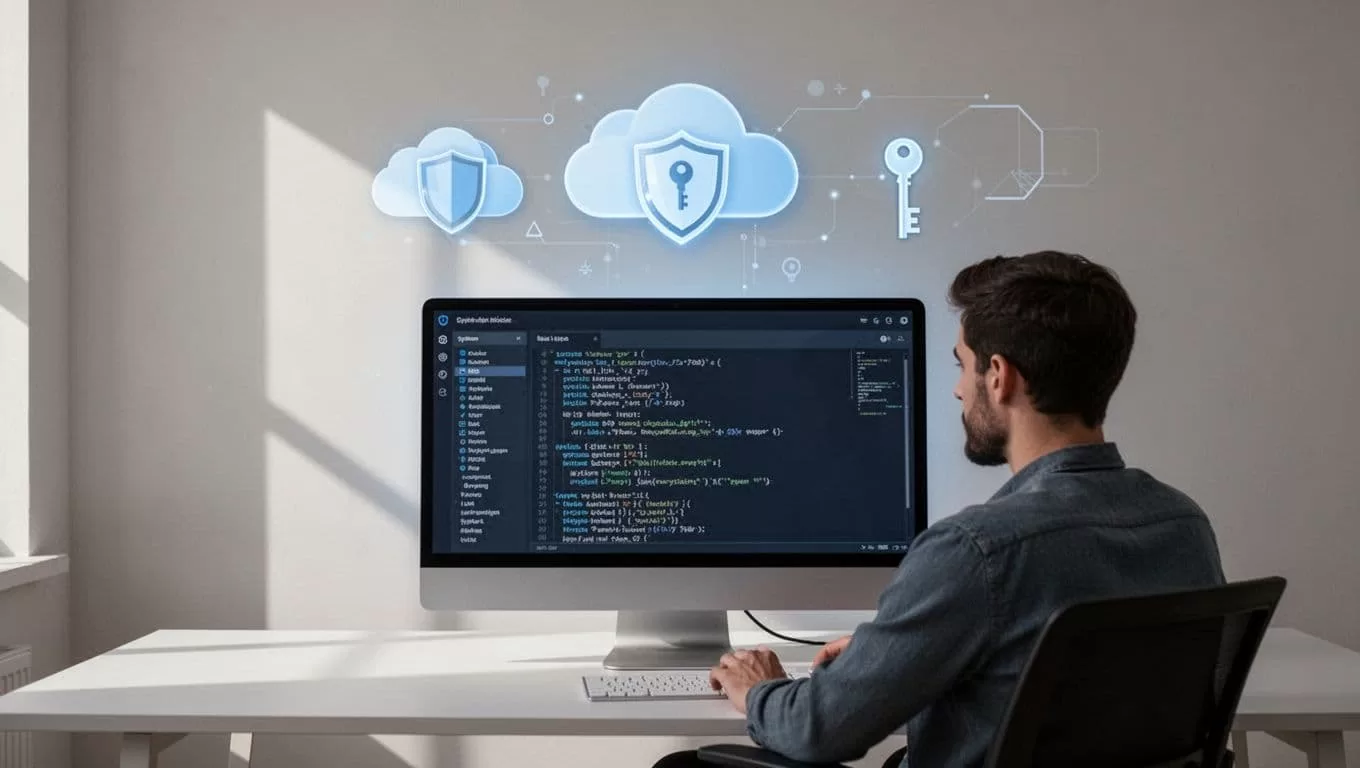 Illustration shows developer reviewing logs on agent dashboard with locked cloud icons, security shields, and keys.
