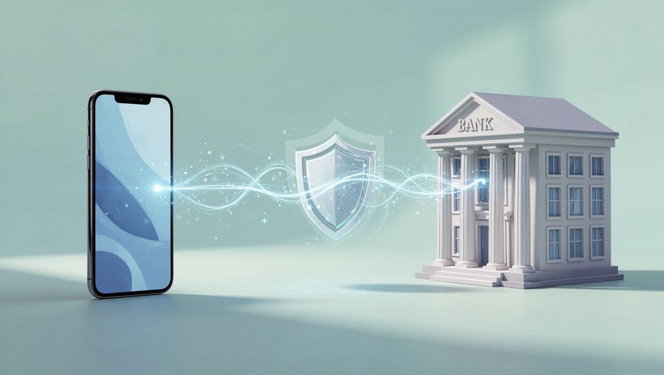 Phone icon sends money to bank icon along a protected path with lock and shield symbols.