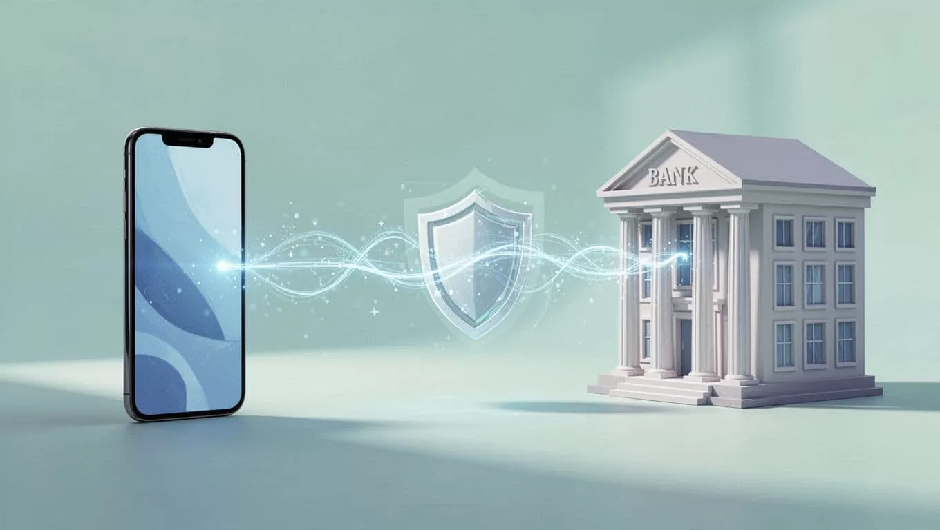 Phone icon sends money to bank icon along a protected path with lock and shield symbols.