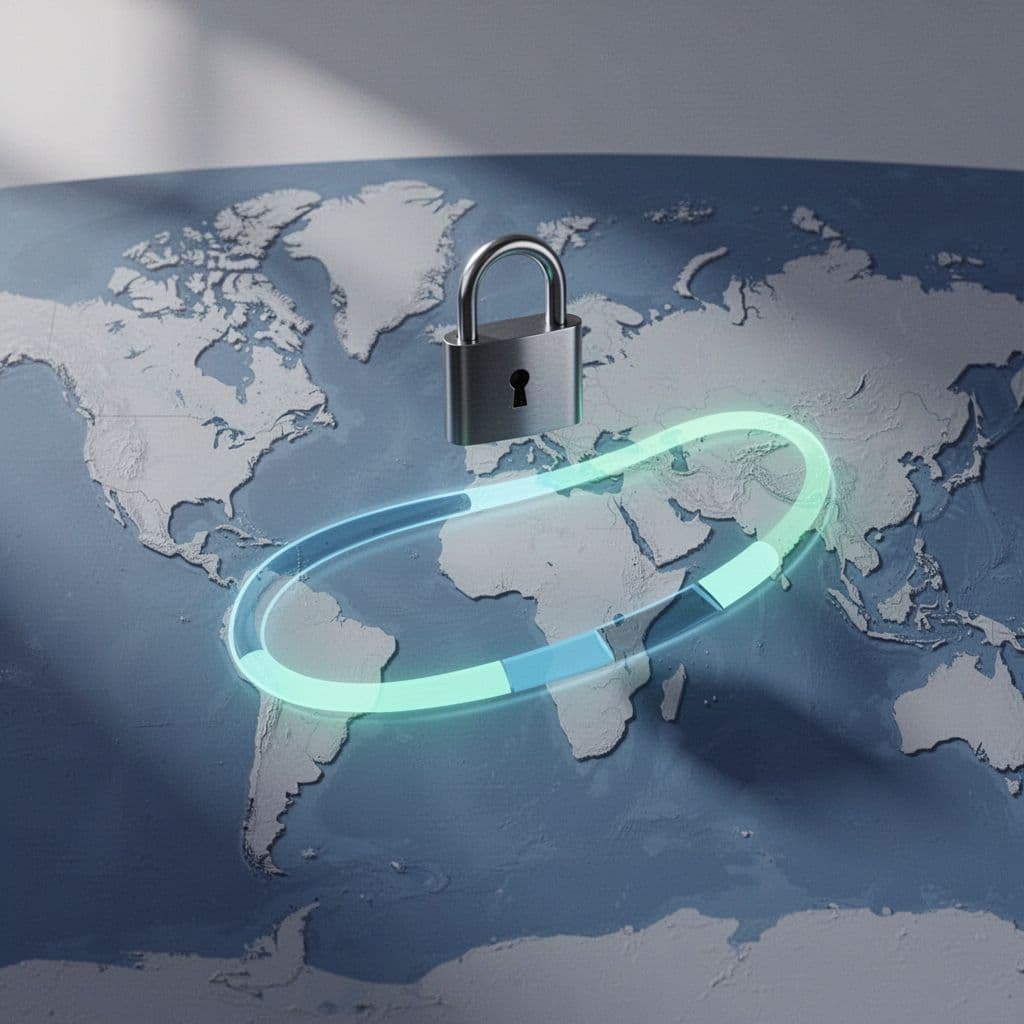 Secure lock icon over digital path from US to Colombia on world map with partial tracking progress bar.
