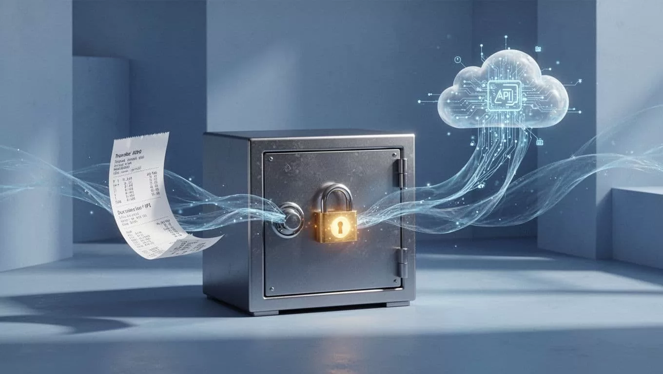 Secure vault icon with locked receipt data connects via API to cloud services, abstract flow to database on minimalist blue background.