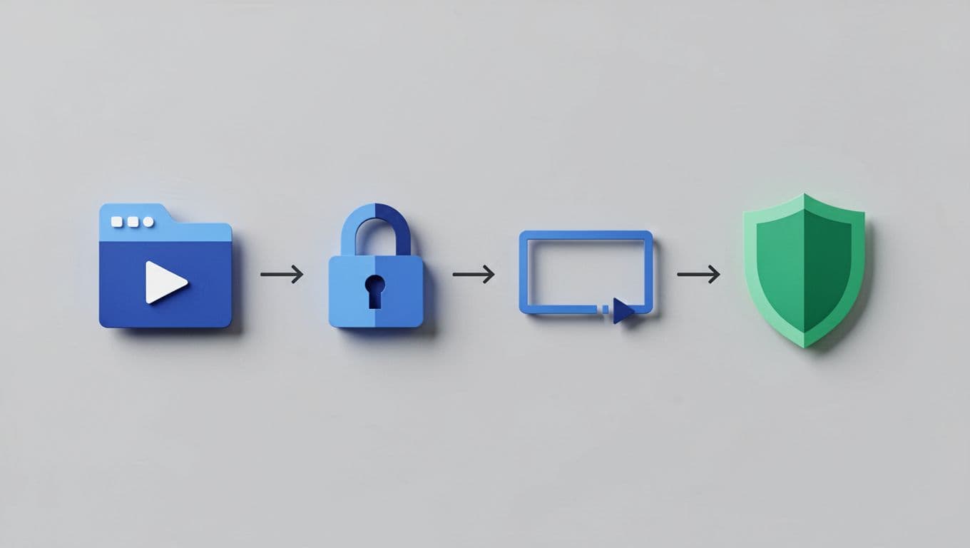 Step-by-step diagram with icons for video upload, domain lock, MemberSpace embed, and shield protection, connected by arrows on gray background.
