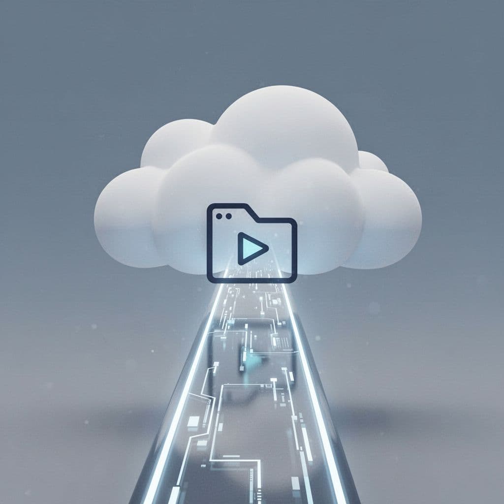 A flat-design illustration shows a stylized video file icon traveling along a vibrant, glowing pathway. It moves directly into a cloud interface against a minimalist backdrop of soft blues and grays.