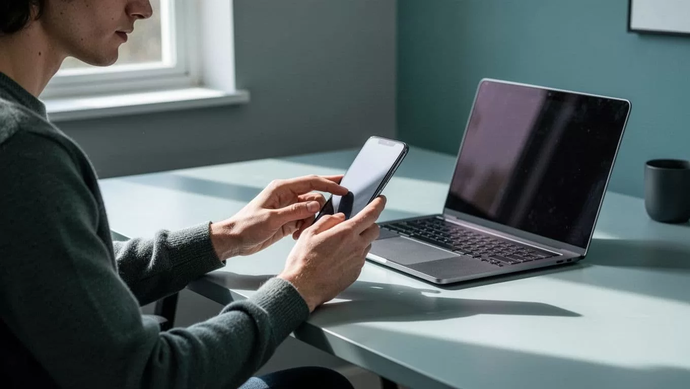 Person at modern home office desk holds smartphone showing money transfer app, laptop nearby.
