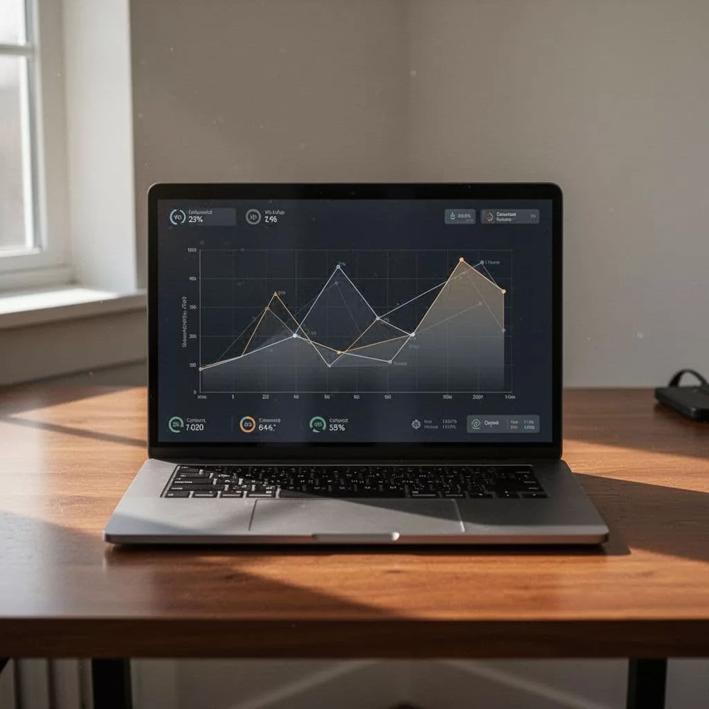 A sleek laptop sits on a wooden desk, displaying a sophisticated digital dashboard with geometric graphs and system status indicators. The professional UI uses a refined, minimalist aesthetic throughout the layout.