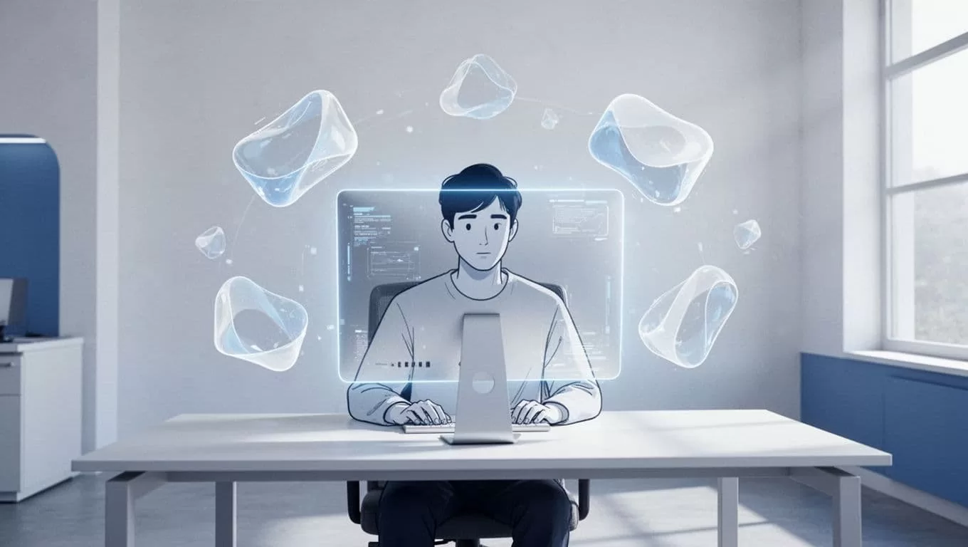 A focused person sits at a desk viewing a glowing monitor while translucent geometric interface icons float around them, representing digital automation in a clean, minimalist blue and white graphic style.