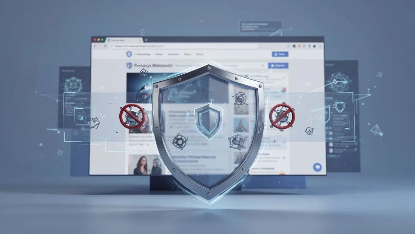 Shield icon guards browser from proxies, rate limits, and dynamic pages over faded Zillow site in tech workspace.