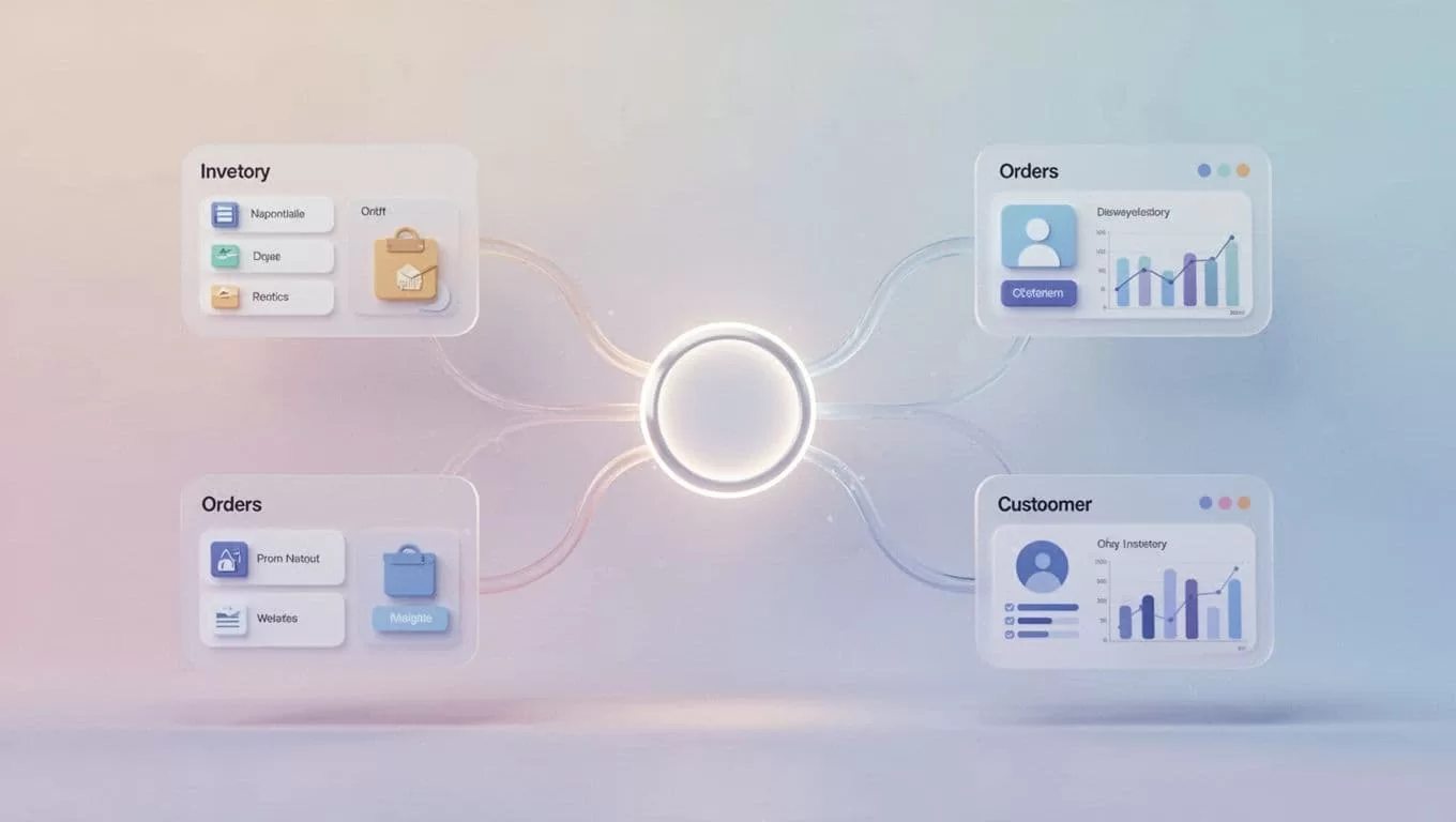 A minimalist central hub diagram connects various ecommerce operational icons with clean, soft lines.
