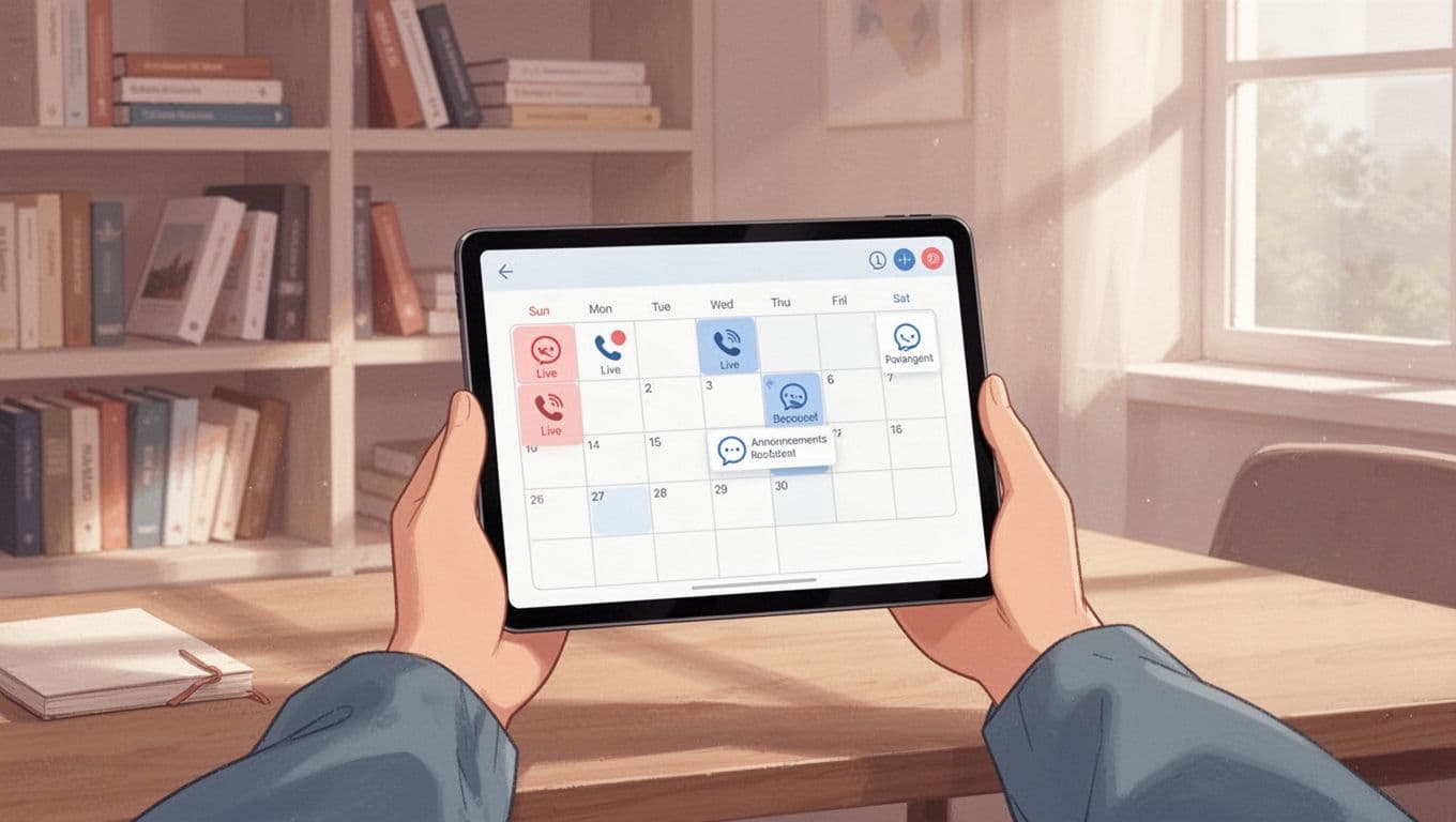 Hand holds tablet showing Skool calendar grid with event icons in cozy workspace with bookshelves.