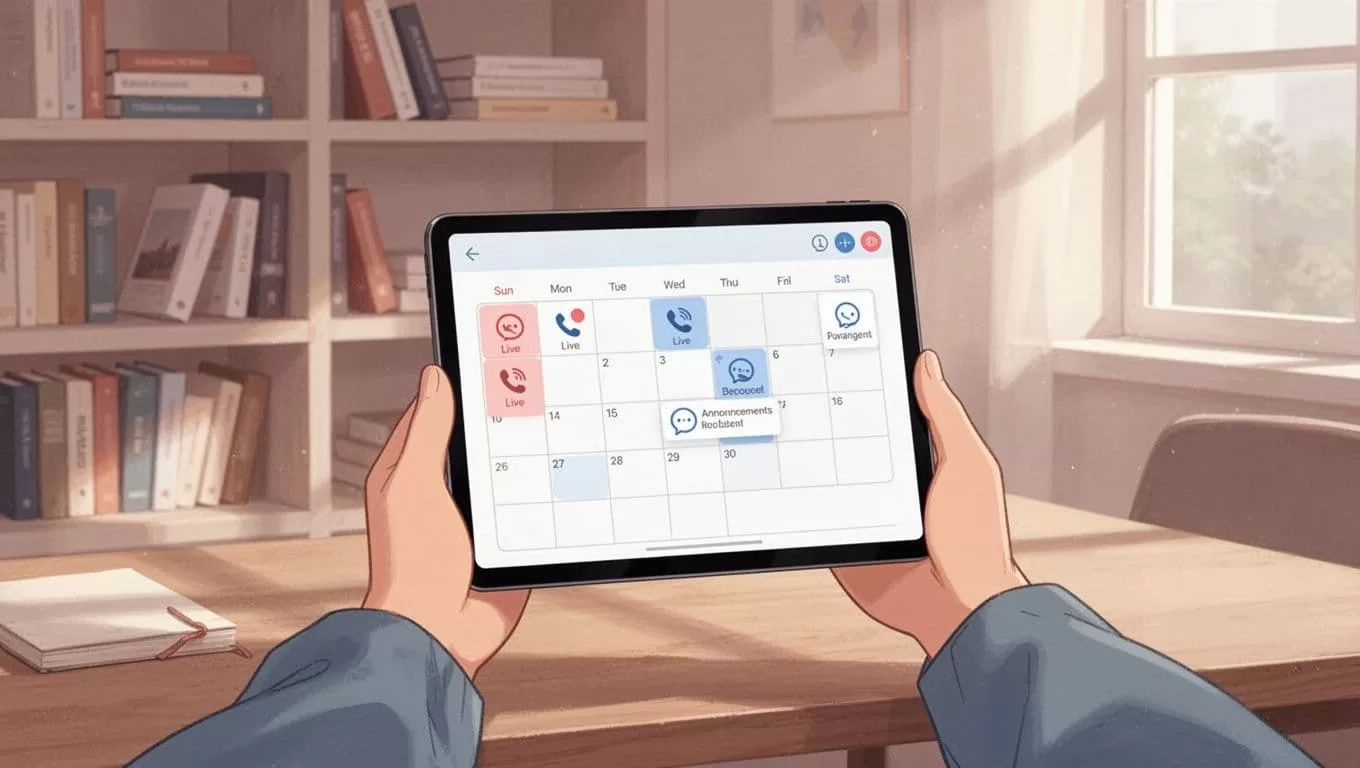 Hand holds tablet showing Skool calendar grid with event icons in cozy workspace with bookshelves.