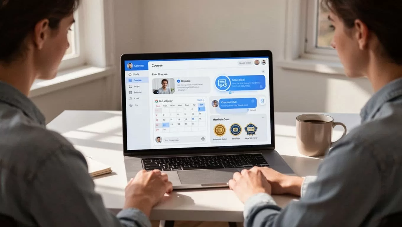 Laptop screen displays Skool dashboard with courses, calendar, member chat, and premium badges on clean desk with coffee mug, viewed by one person.