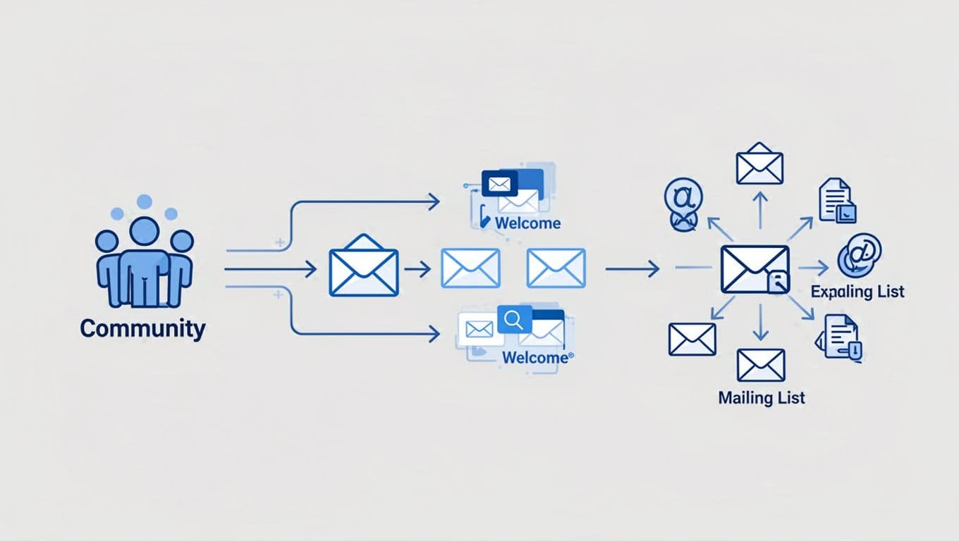 Abstract flowchart links Skool community icon via arrows to email welcome steps and expanding list icons.