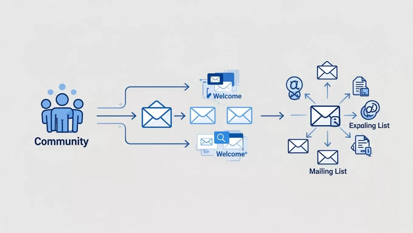 Abstract flowchart links Skool community icon via arrows to email welcome steps and expanding list icons.