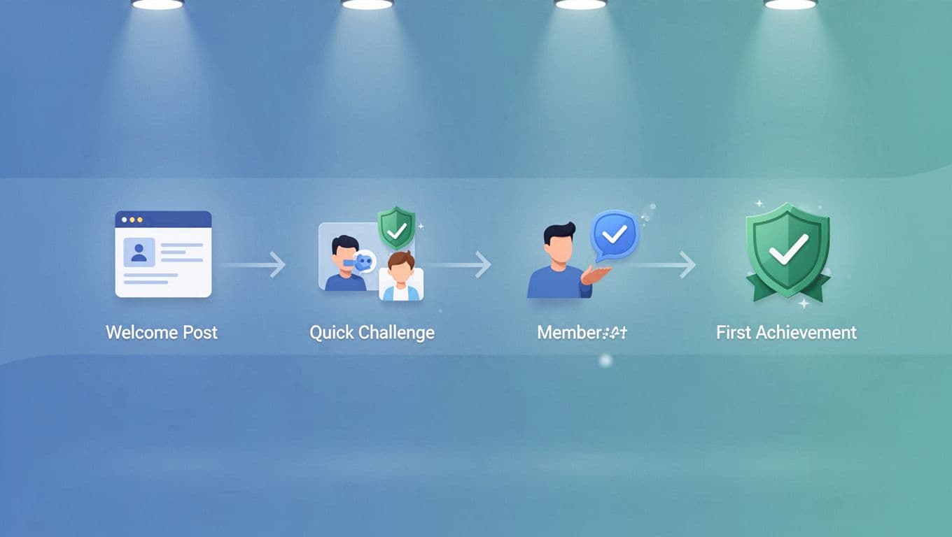 Horizontal flowchart with four clean icons for signup, welcome post, quick challenge, and member interaction in blue-green tones.