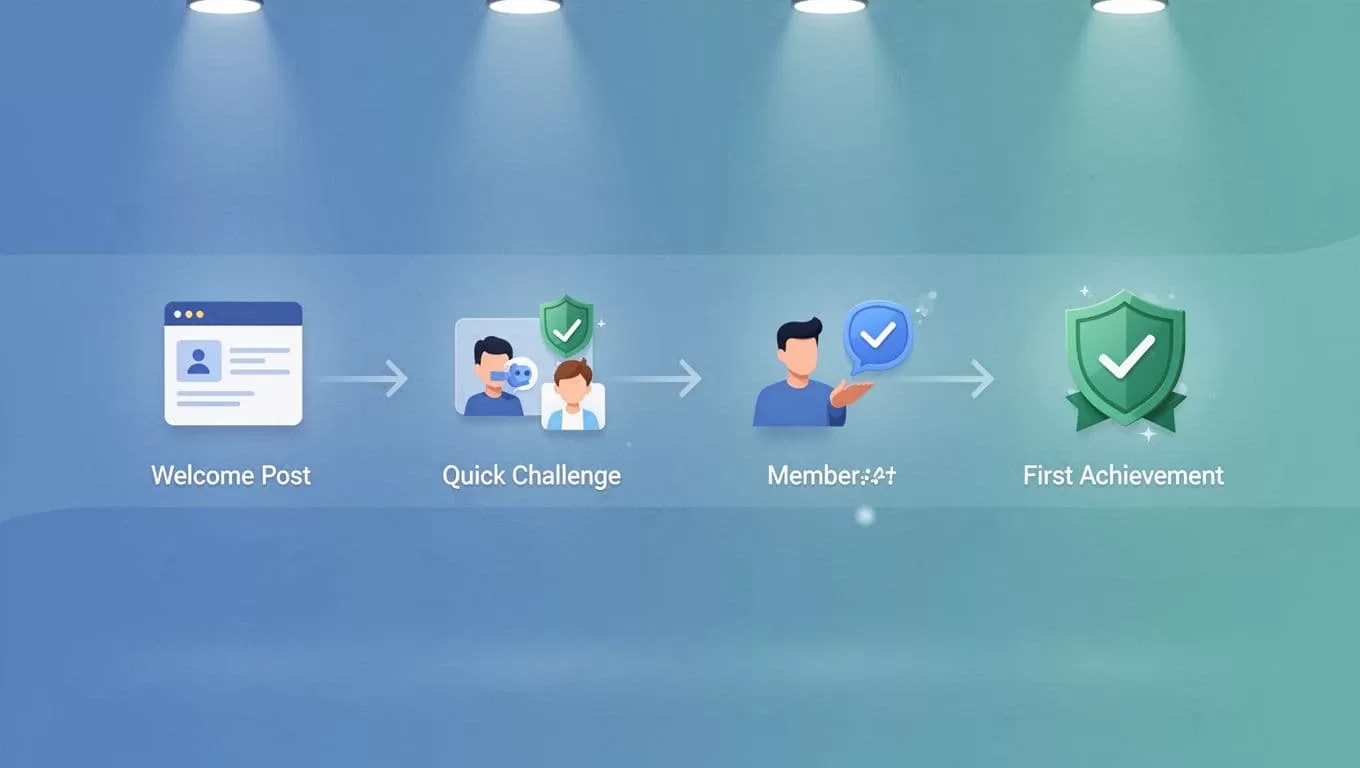 Horizontal flowchart with four clean icons for signup, welcome post, quick challenge, and member interaction in blue-green tones.