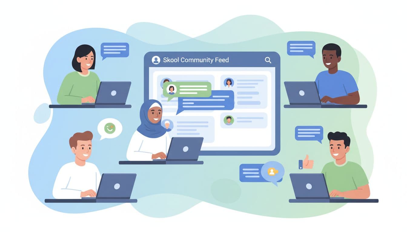 Five diverse online students with laptops interact in Skool community feed, welcoming new member via central chat bubbles and profiles.