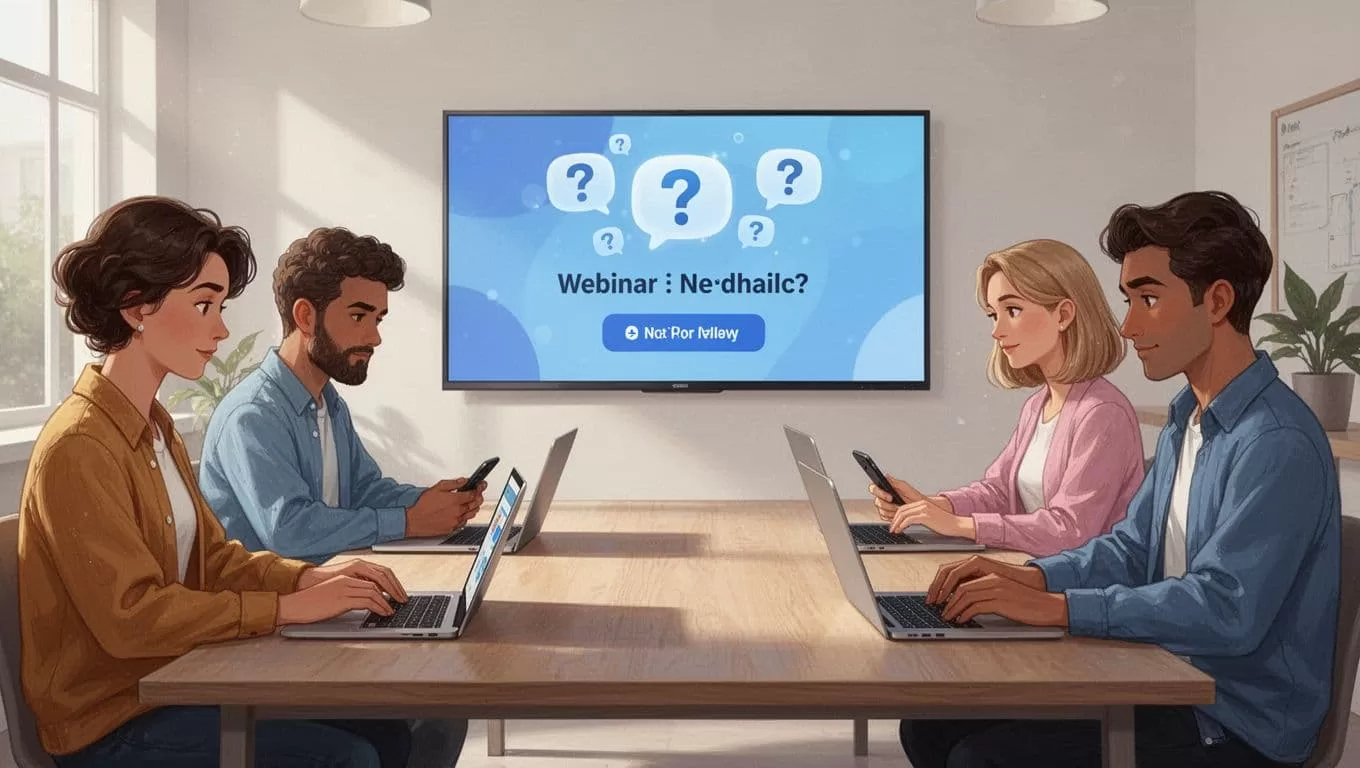 Three attendees use phones and laptops viewing webinar notifications, screen shares, and questions.