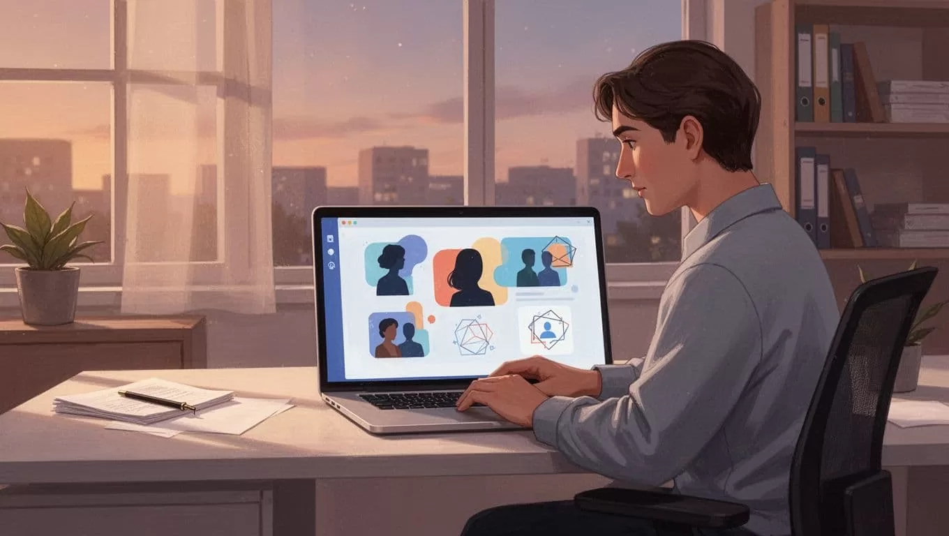 Creator sits at desk with laptop showing abstract Skool community icons in warm dusk office.