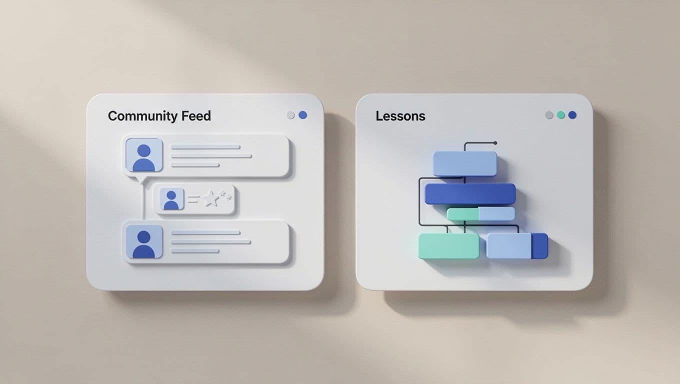 Geometric blocks show community feed and lesson structure side by side on neutral background.