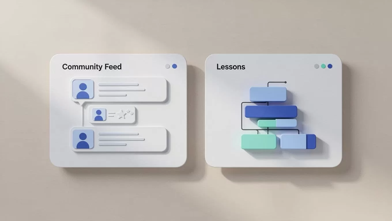 Geometric blocks show community feed and lesson structure side by side on neutral background.