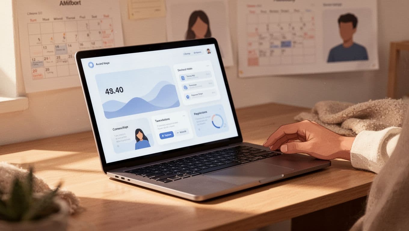 Angled laptop on cozy desk shows blurred Skool dashboard with calendar events and member profiles; hand rests nearby.