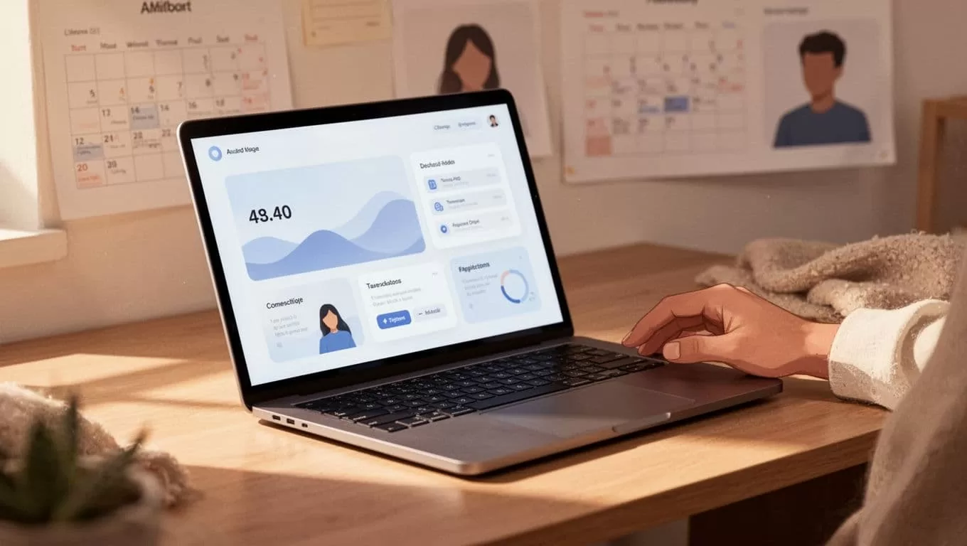 Angled laptop on cozy desk shows blurred Skool dashboard with calendar events and member profiles; hand rests nearby.