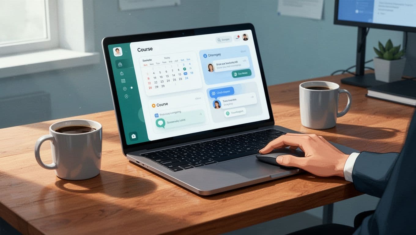 Laptop on wooden desk shows Skool dashboard with calendar, courses, and chat modules; coffee mug and hand on mouse nearby.