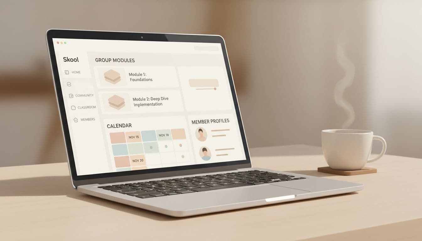 Laptop screen shows Skool dashboard with modules, calendar, and profiles on wooden desk with coffee mug.