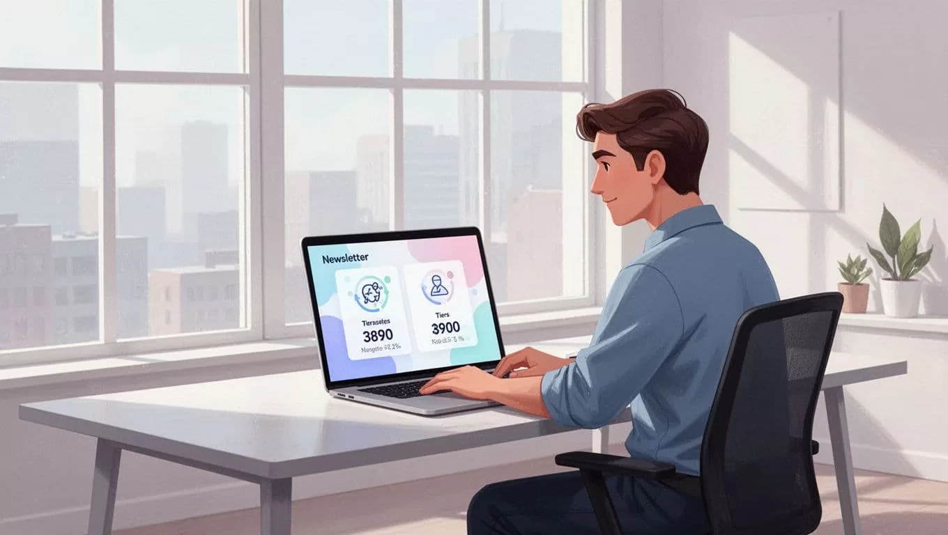 Creator sits at modern desk in bright office, viewing laptop screen showing simplified Skool dashboard for newsletter pricing tiers.