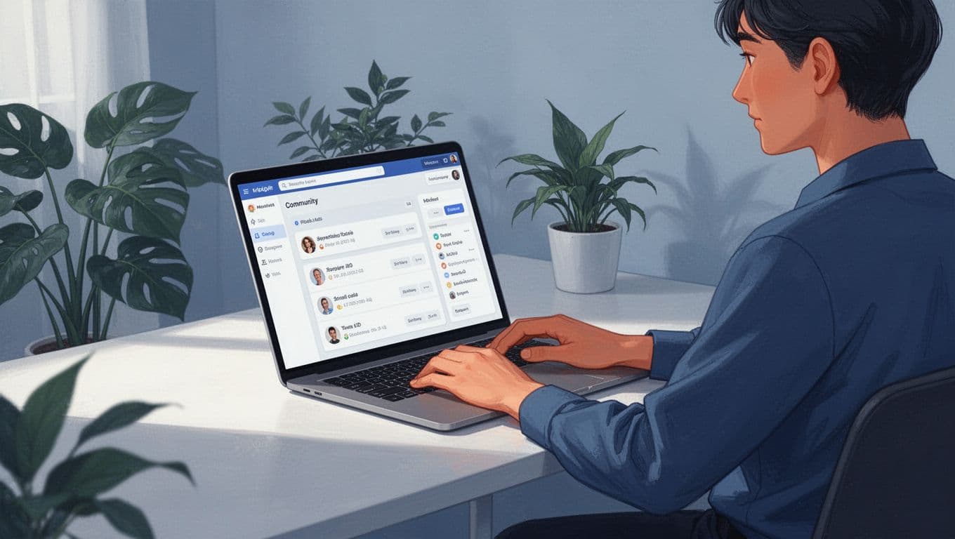 Person at desk with hands resting configures Skool dashboard on angled laptop screen in simple room with plants.