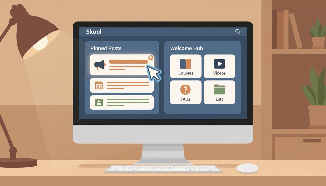 Desktop monitor in home office shows Skool feed with pinned posts, welcome hub, and highlighted icons; cursor points to pin.