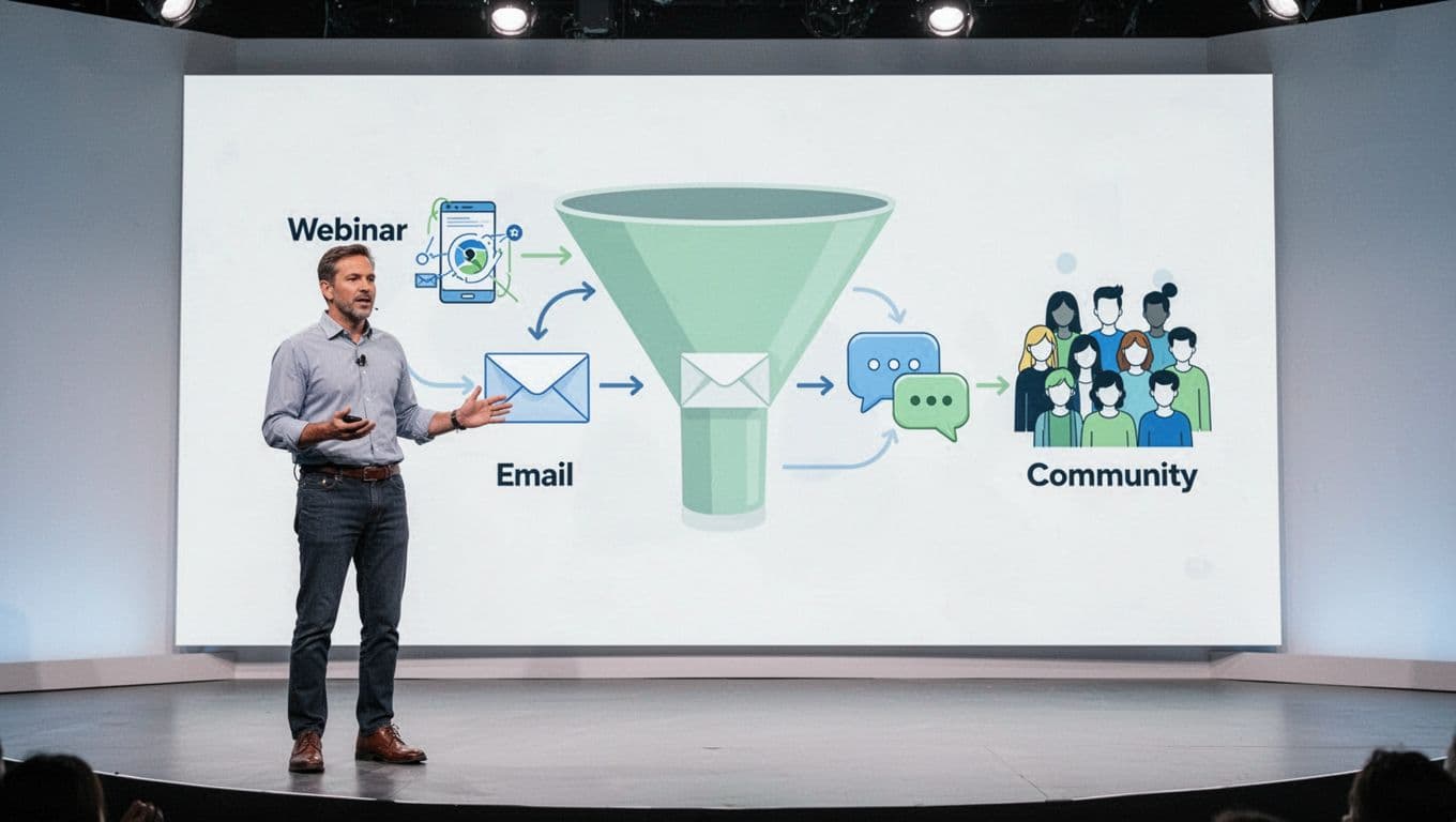 Funnel diagram on whiteboard shows webinar leads flowing via consultant presentation, email icon to group chat icon.