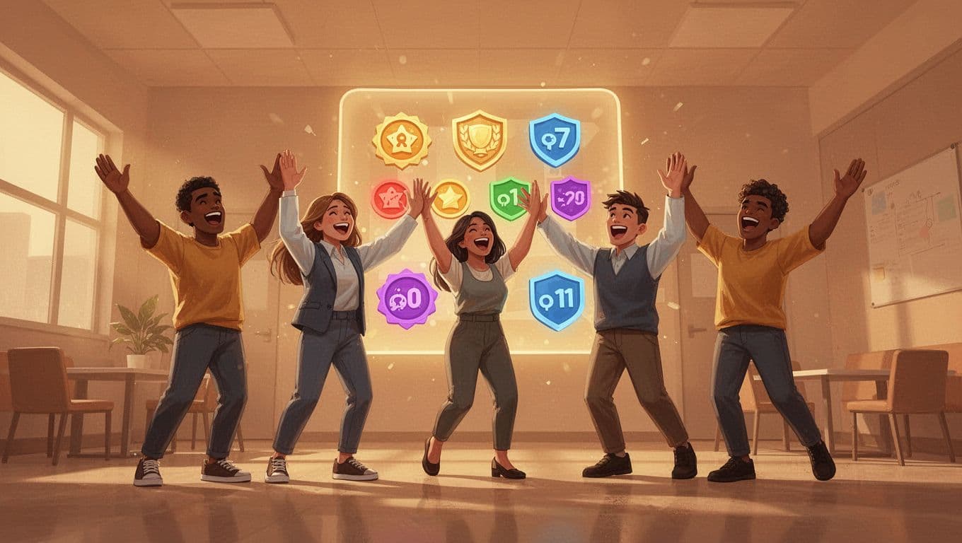 Five diverse avatars celebrate around digital screen showing ranks, badges, and points.