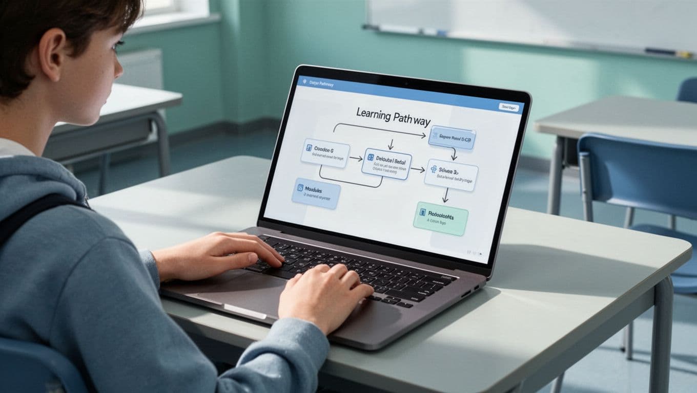 Student views modular learning pathway map with arrow connections on angled laptop screen.