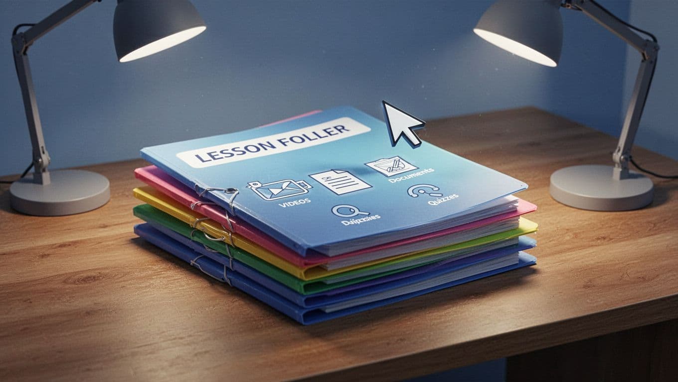 Stacked colorful folders on wooden desk show Skool modules with lesson icons; mouse cursor hovers over one under soft lamp.