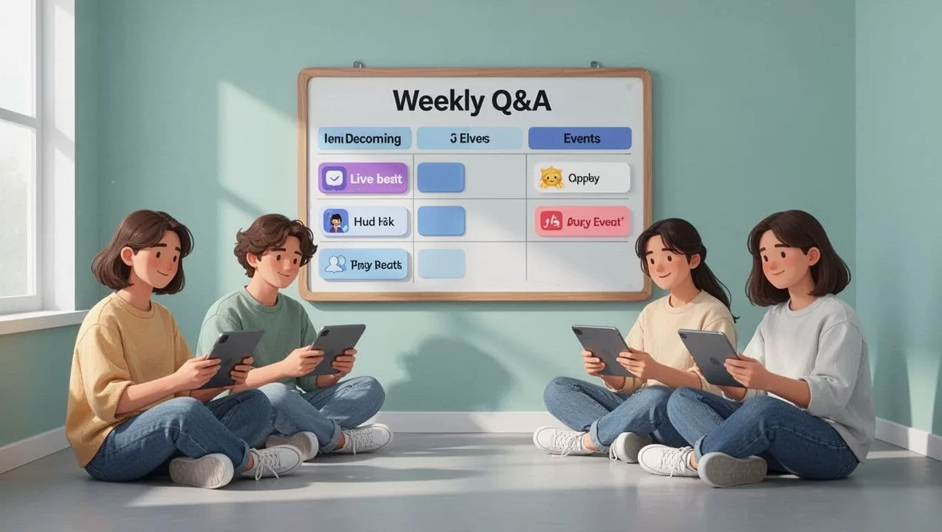 Calendar illustration showing live events with four relaxed students on devices and icons for workshops and hot seats.