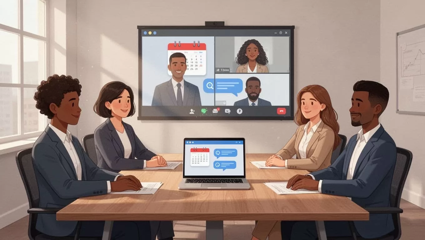 Four diverse professionals relax around conference table viewing Skool live event screen and shared laptop with calendar chat.