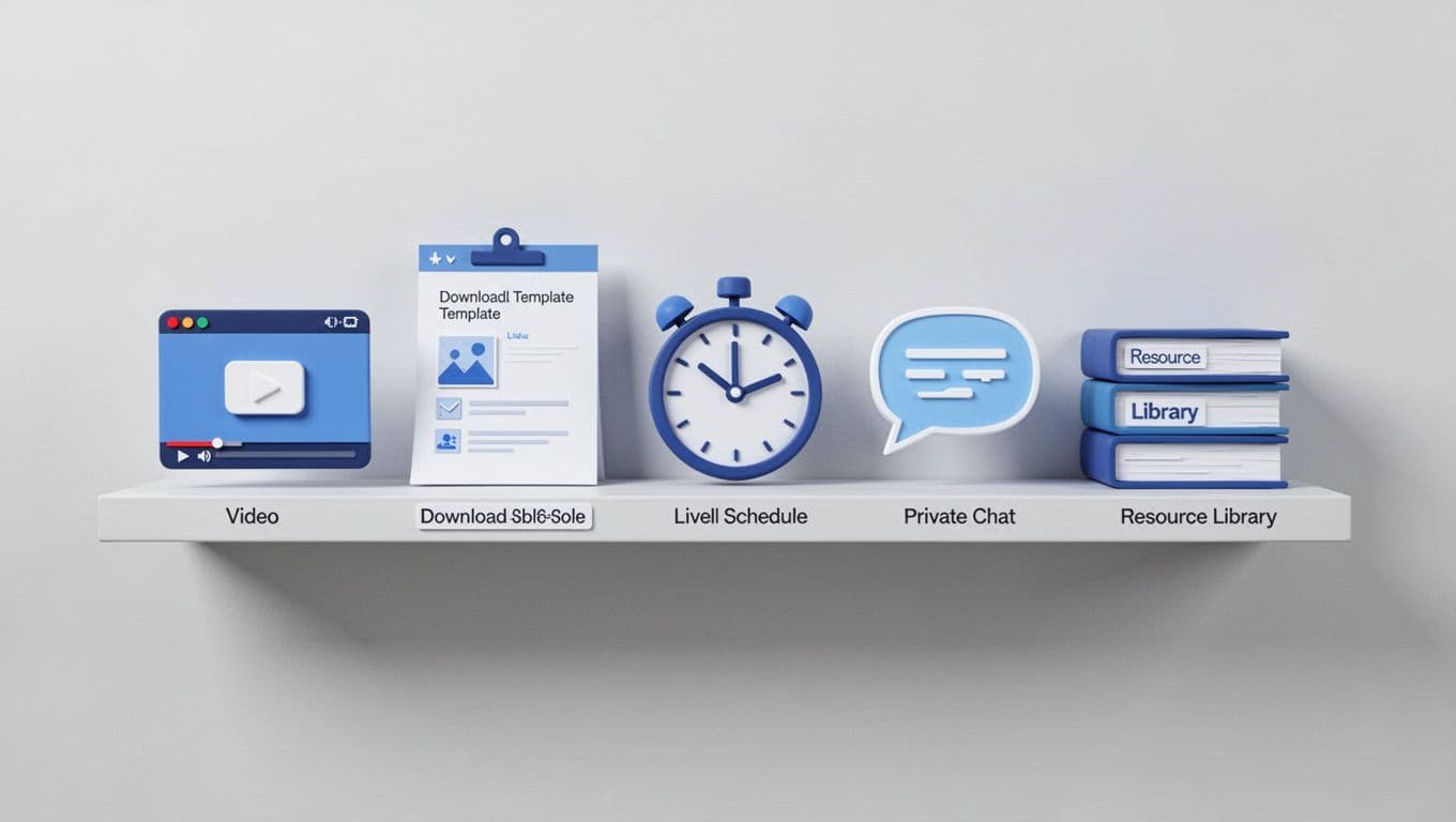 Icons of video thumbnails, templates, schedules, chats, and resources arranged evenly on a digital shelf in blue-white tones.
