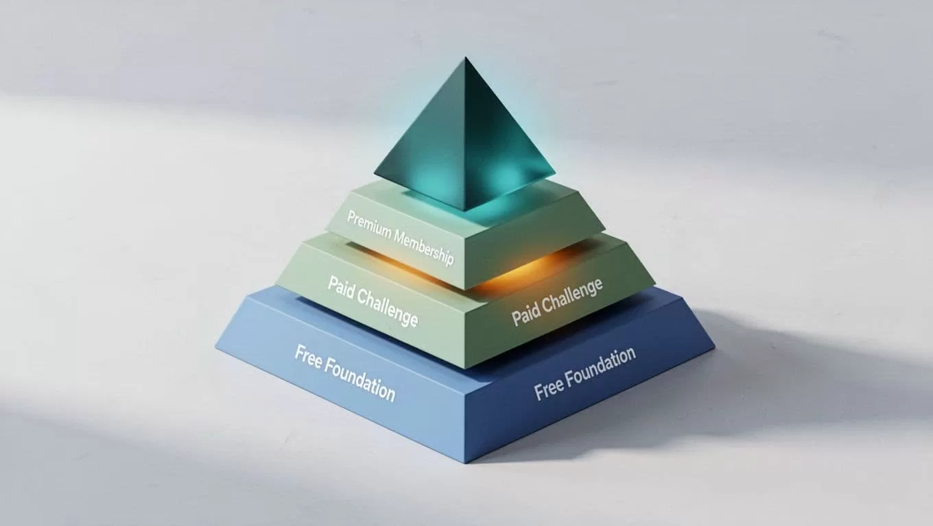 Isometric pyramid with free base layer, dollar-sign middle challenge, and top membership tiers in blue-green palette.
